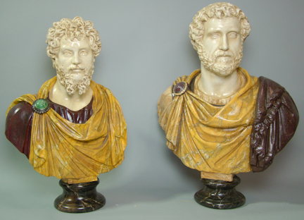 PAIR OF MARBLEIZED RESIN BUSTS OF ROMAN