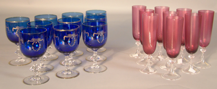 TEN BLUE GLASS GOBLETS gilt with ribbon-tied