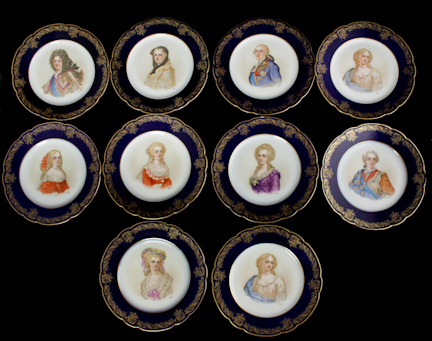 TEN SEVRES STYLE CABINET PLATES bearing