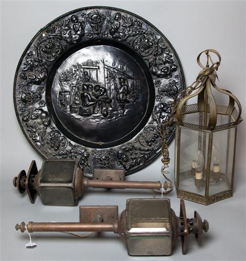 TWO CARRIAGE LAMPS AND A HANGING LANTERN