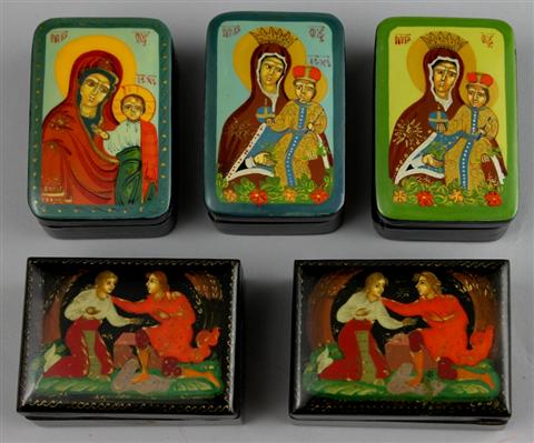 FIVE RUSSIAN LACQUER BOXES three with