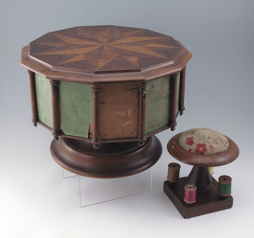 19th C SEWING BOX AND PIN CUSHION  147b4f