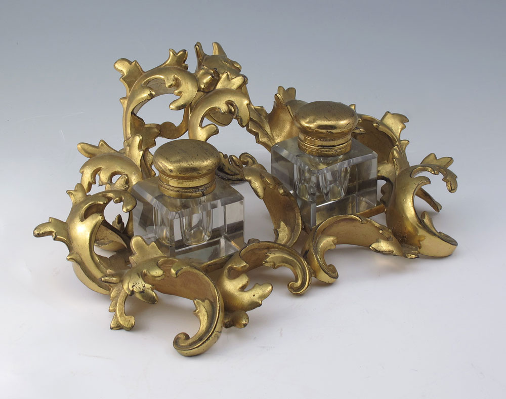ROCOCO GILT METAL DOUBLE INK STAND:
