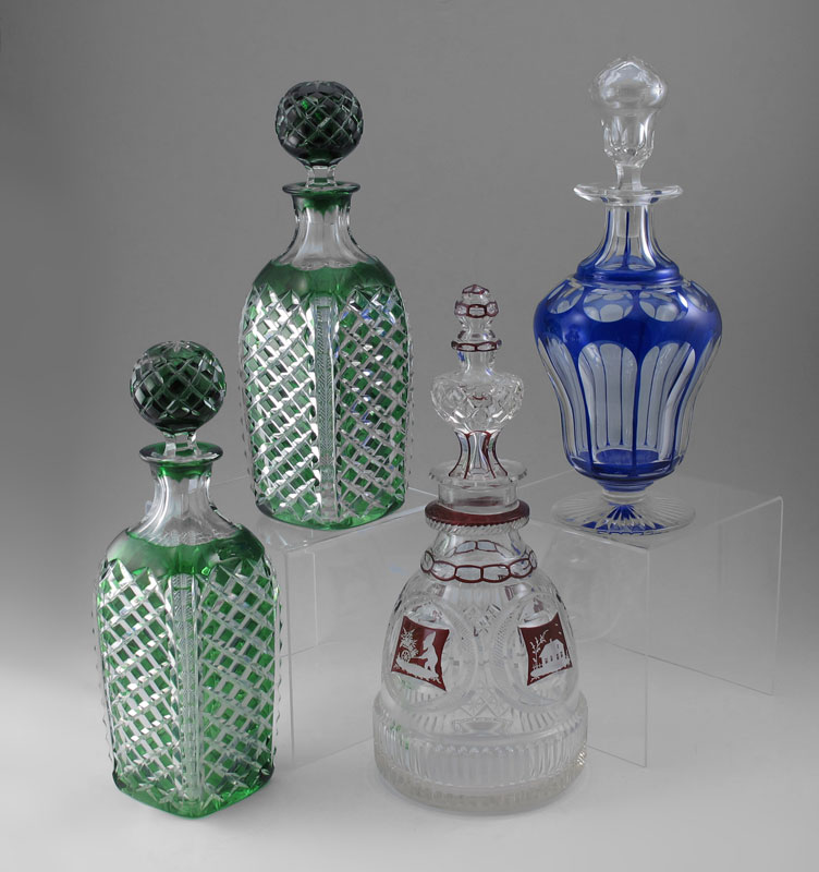 4 FINE CUT TO CLEAR GLASS DECANTERS: