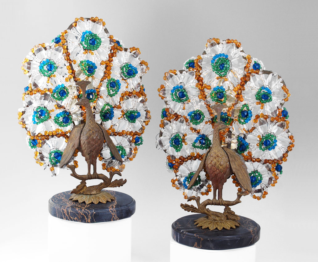 PAIR CZECH ART DECO PEACOCK LAMPS  147bf3