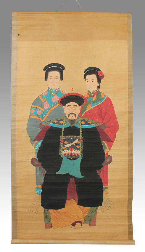 LARGE ORIENTAL FAMILY SCROLL PAINTING