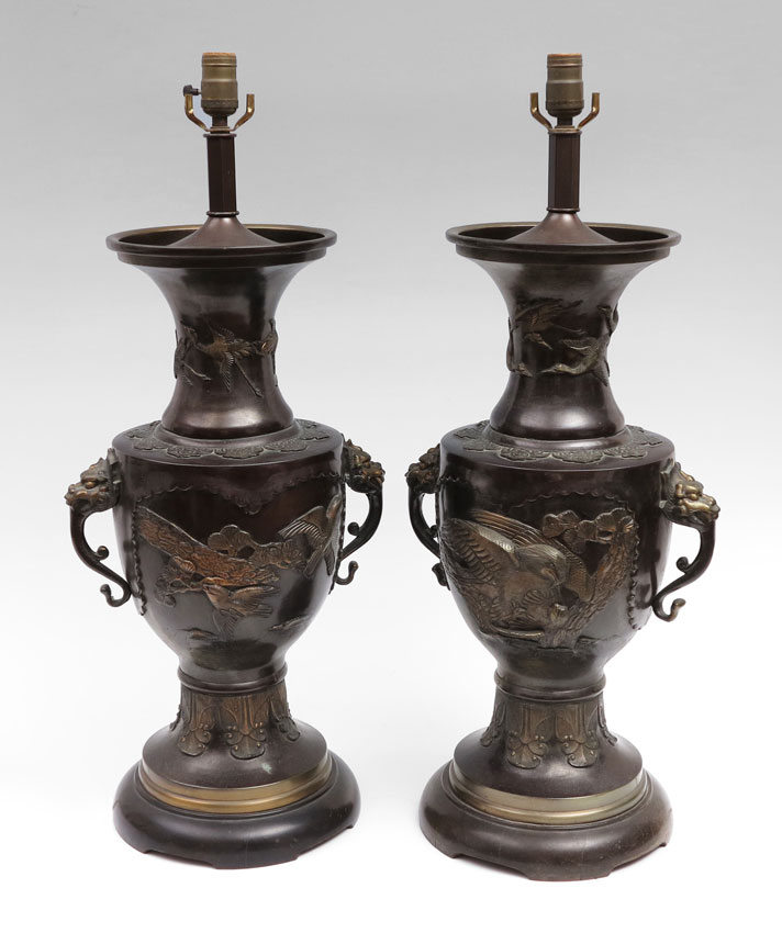 PAIR JAPANESE BRONZE LAMPS Applied 147cd6