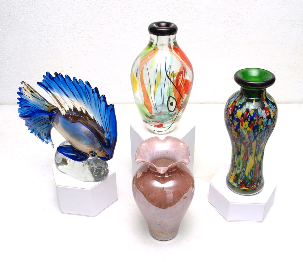 MURANO GLASS FISH AND 3 MURANO GLASS