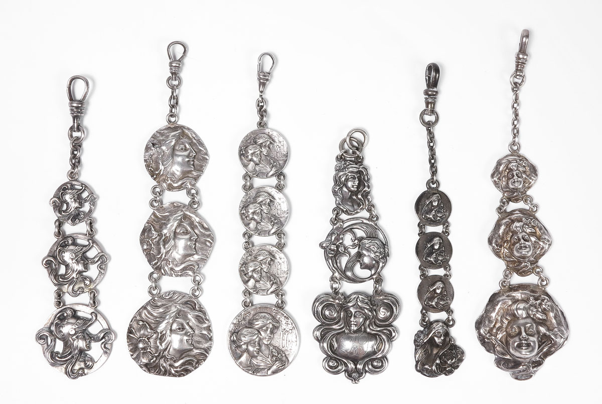 6 ART NOUVEAU STERLING WATCH FOBS  147d48