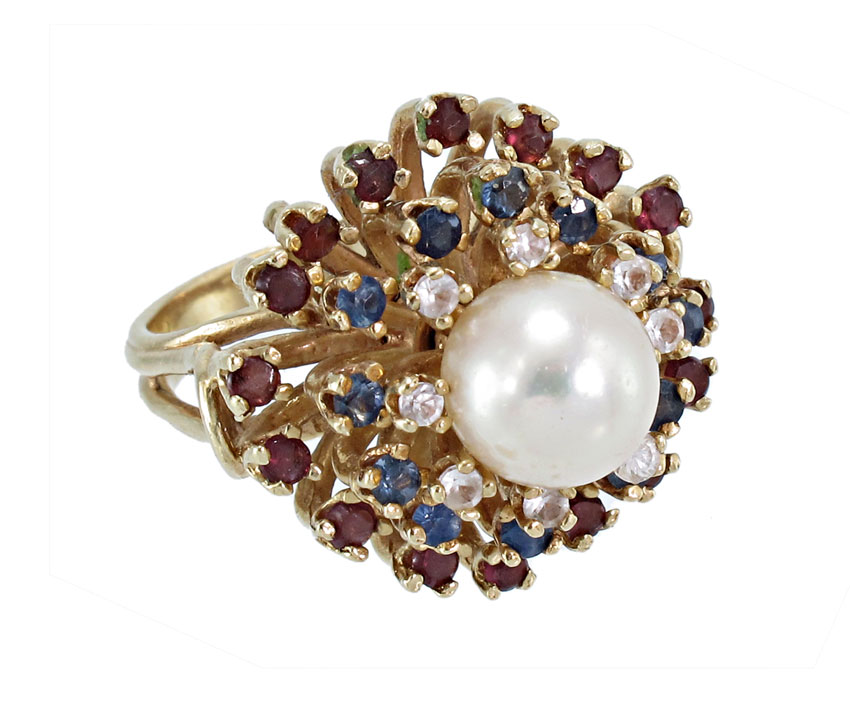 PEARL AND GEMSTONE GOLD RING: 14K