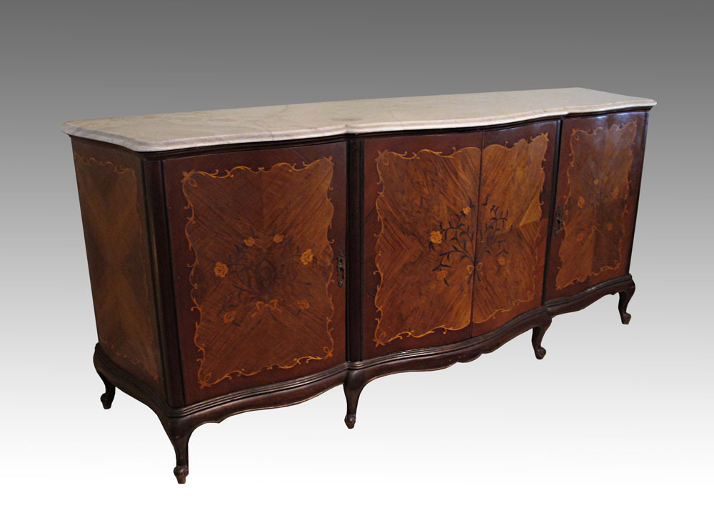 MARQUETRY INLAY MARBLE TOP SIDEBOARD: