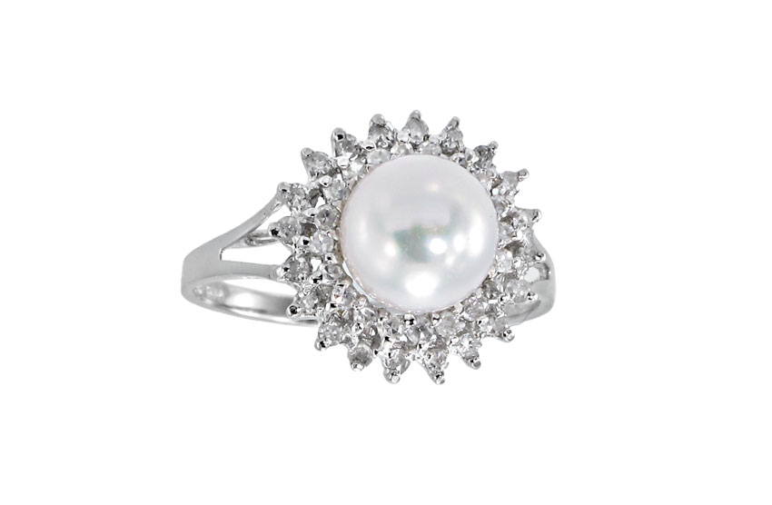 14K GOLD DIAMOND AND PEARL RING:
