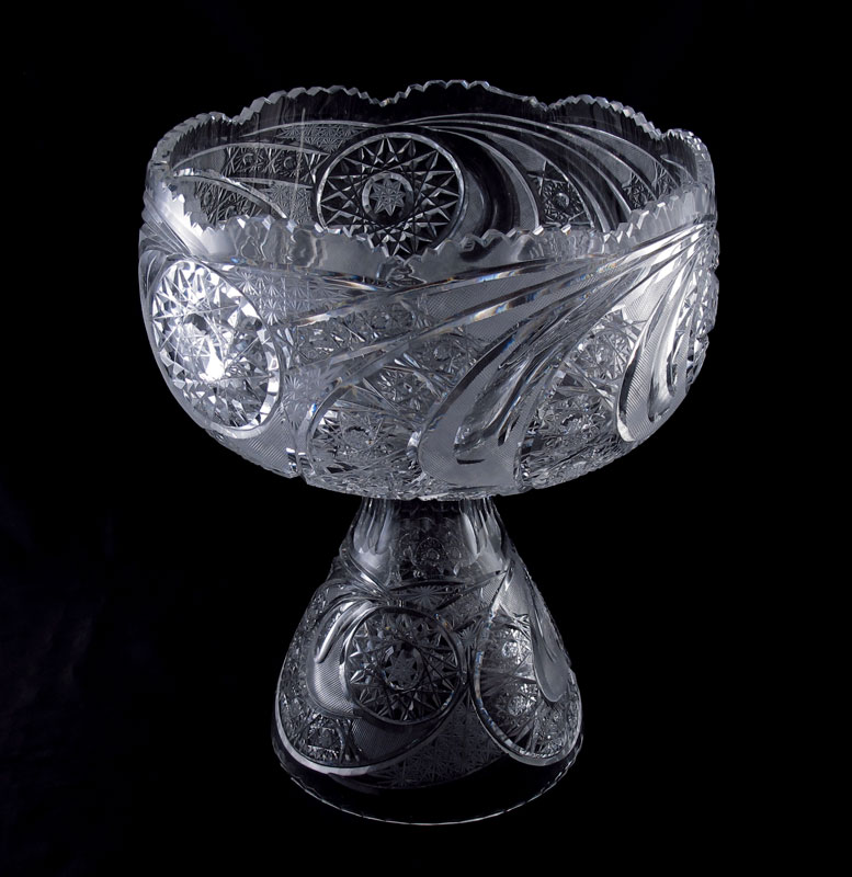 CUT GLASS PUNCH BOWL ON STAND: Two parts