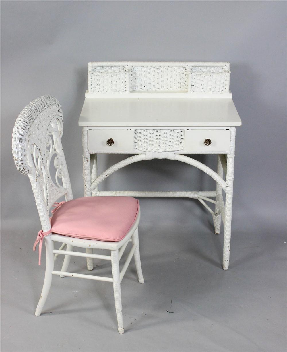 VICTORIAN WHITE WICKER DESK AND SIDE