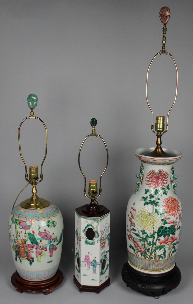THREE CHINESE FAMILLE ROSE LAMPS