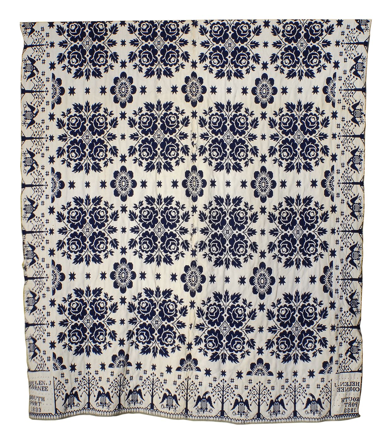 BLUE AND WHITE JACQUARD COVERLET19th