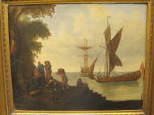 An oil on canvas scene of a group
