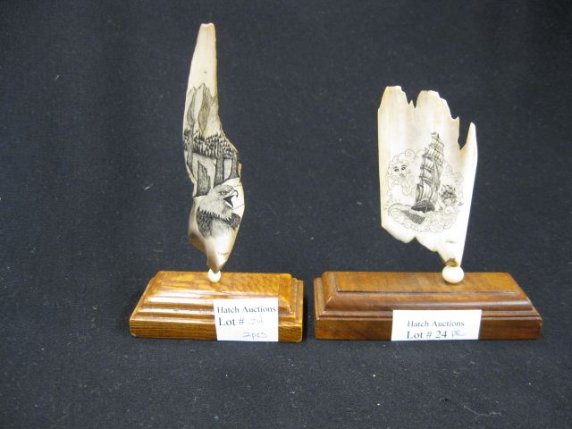 2 Fossilized Ivory Scrimshaw Plaques