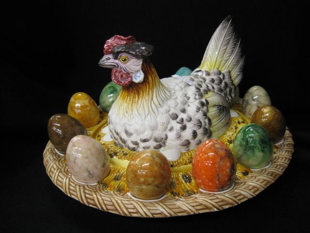 Figural Pottery Hen on Nest Covered