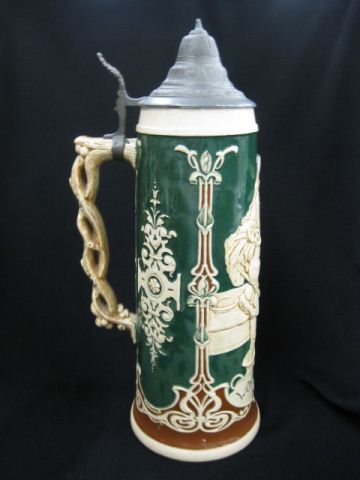 Large German Pottery Stein ''Wohlbekomms''pewter