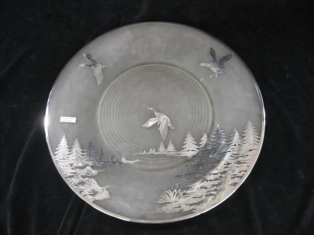 Silver Overlay Glass Tray Geese 14ae86