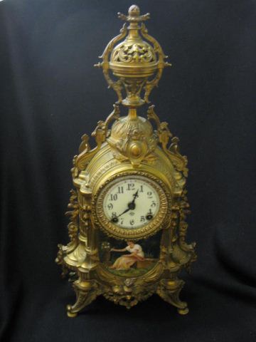 Ansonia Bronzed Mantle Clockwith painting