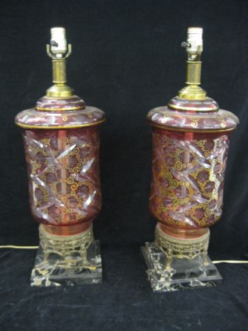 Pair of Cranberry Cut-to-Clear Lamps