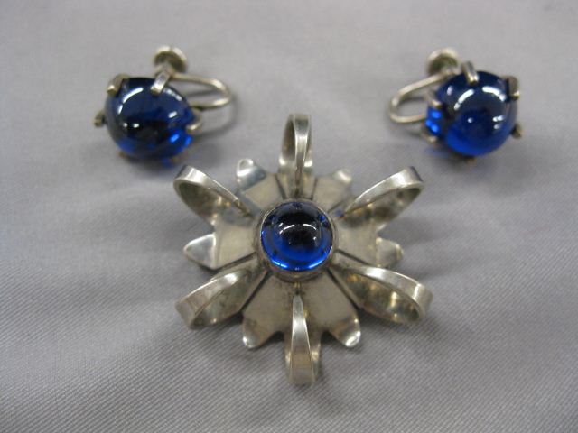 Blue Spinel & Sterling Pin & Earrings
