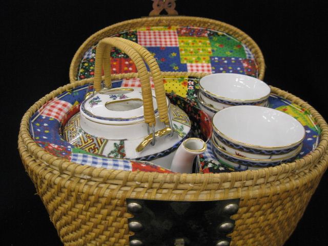 Oriental Porcelain Tea Set in basket