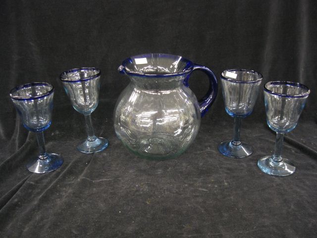 Studio Art Glass Pitcher & 4 Goblets