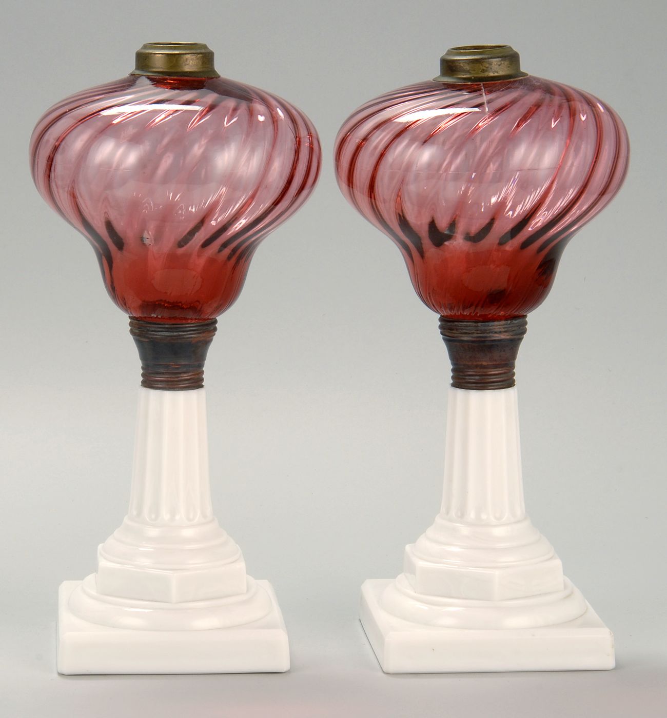 PAIR OF CRANBERRY GLASS OIL LAMPSEarly 14b39a