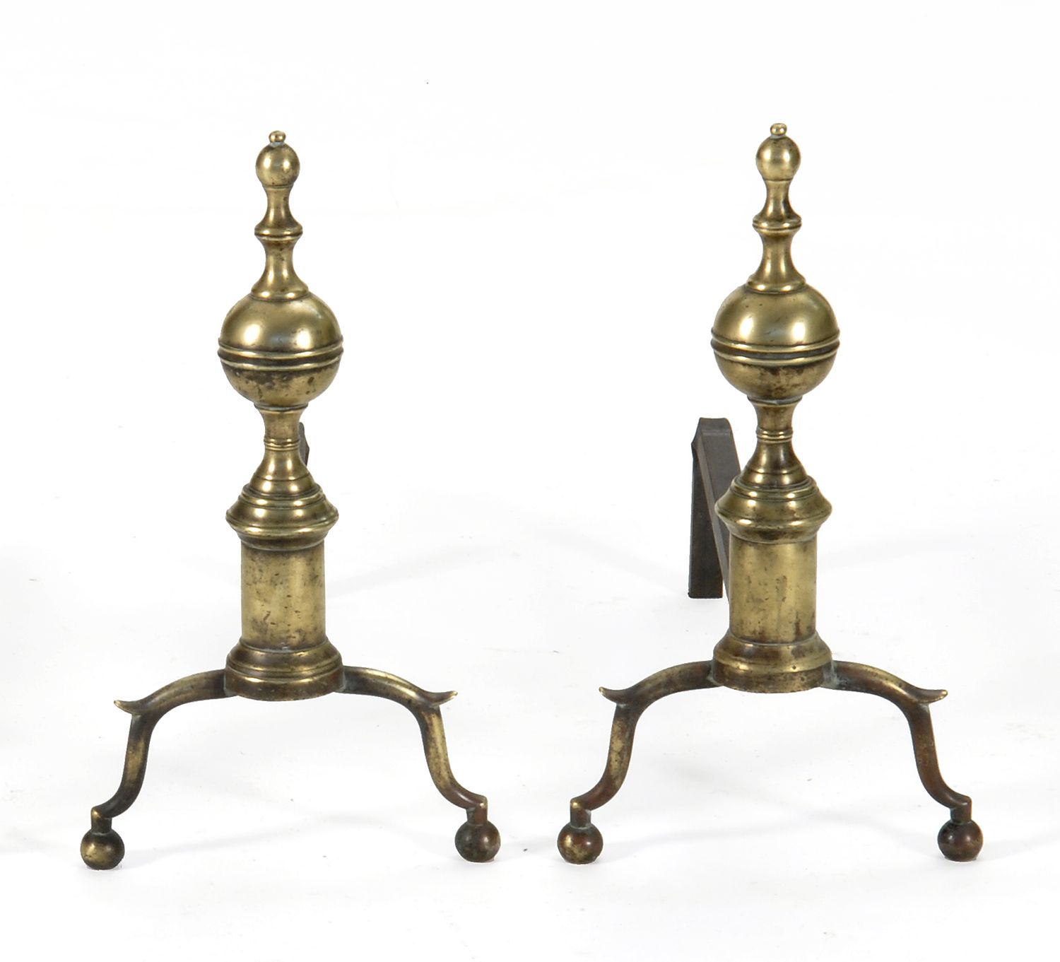 PAIR OF BRASS BALUSTER-TURNED ANDIRONSEarly