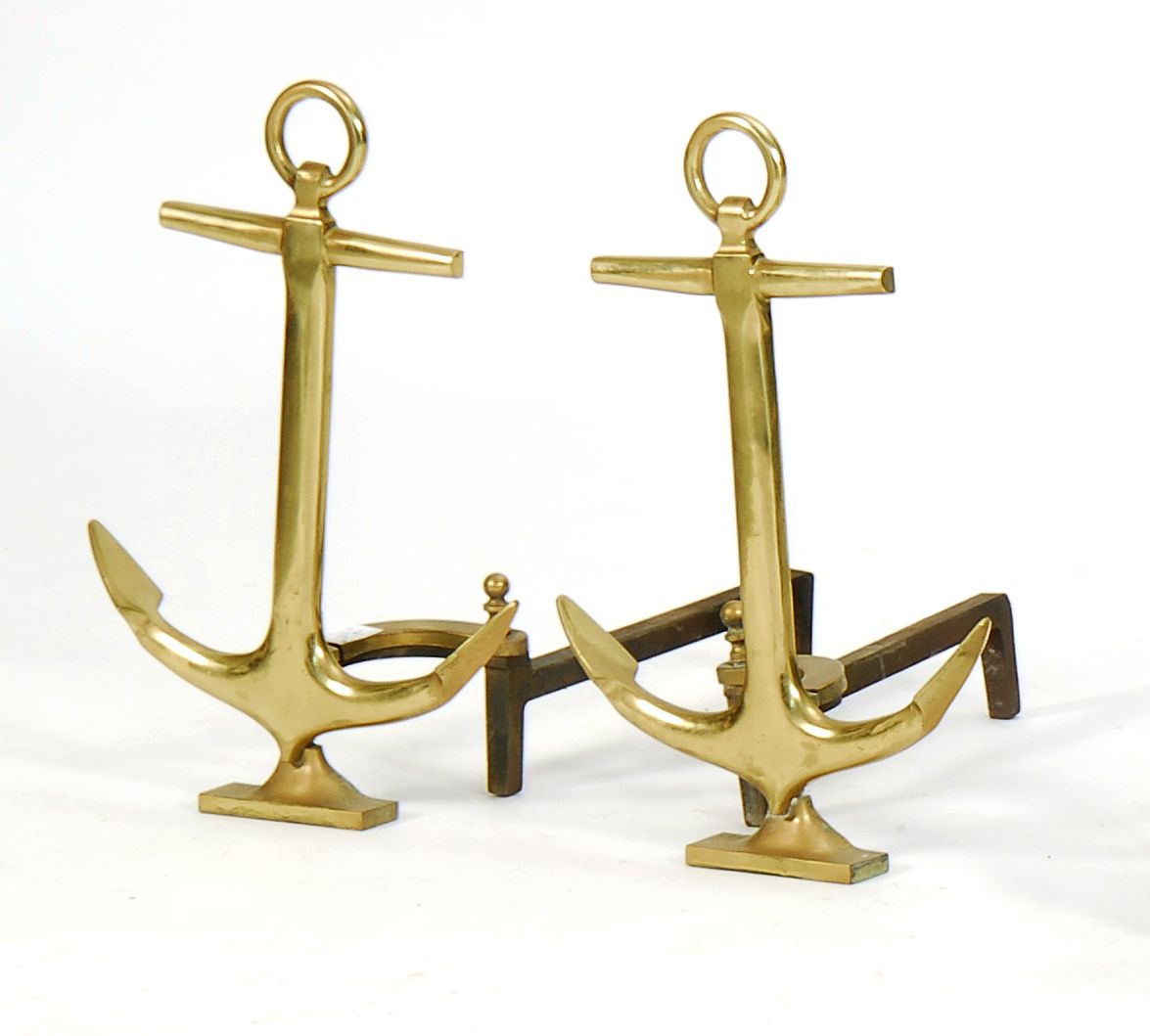 PAIR OF BRASS ANCHOR-FORM ANDIRONS20th