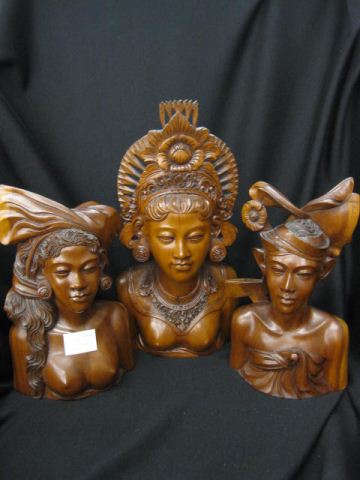 3 Carved Wooden Busts of Woman finely