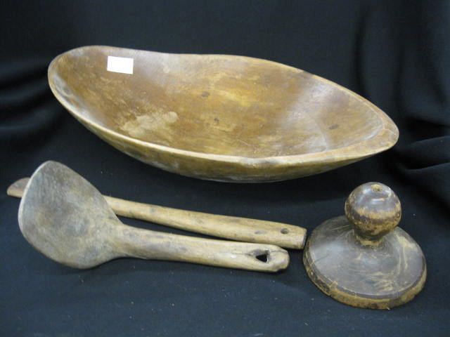 Early Wooden Dough Bowl with Implements