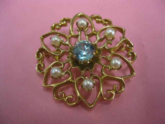 Natural Blue Zircon & Pearl Brooch