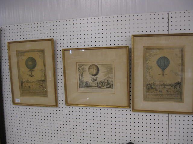 3 Hot Air Balloon Handcolored Engravings