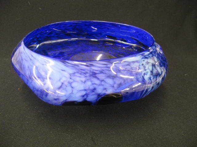 Blue Art Glass Bowl mottled white 14bb53