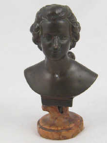 A bronze bust of Mozart on damaged socle