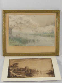 A 19 th c. sepia watercolour of a tranquil