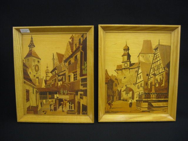 Pair of Marquetry Plaques village 14bd5d