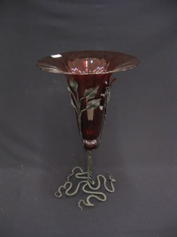 Ruby Cut Glass Vase in Wrought 14c03c