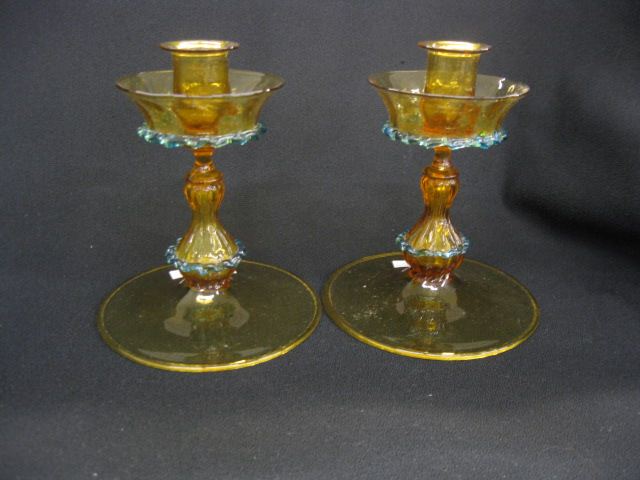 Steuben Art Glass Candlesticks celeste