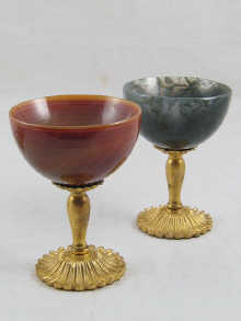 A pair of agate bowled goblets one moss