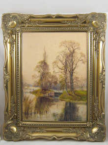 A watercolour of a riverside scene signed