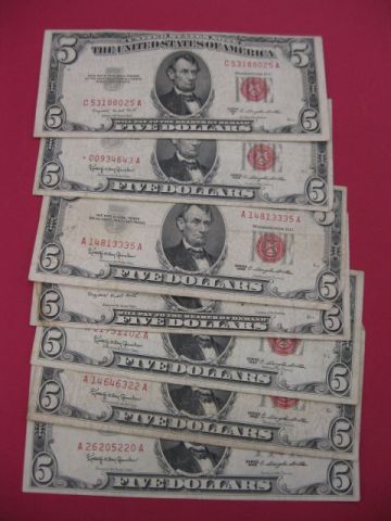 7 U.S. $5.00 Red Seal Notes 1953-1963.
