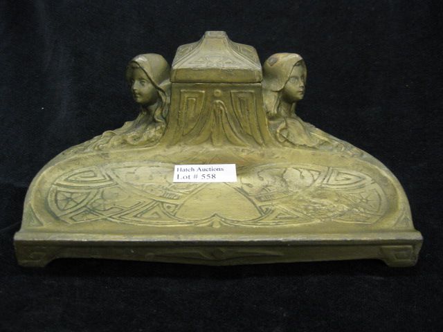 Victorian Bronzed Art Nouveau Inkwell 14a0cf