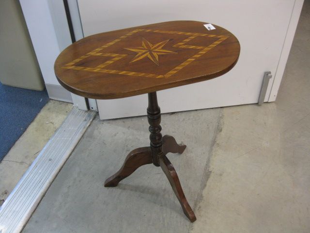 Tilt Top Table inlaid ovoid top tri-footed.