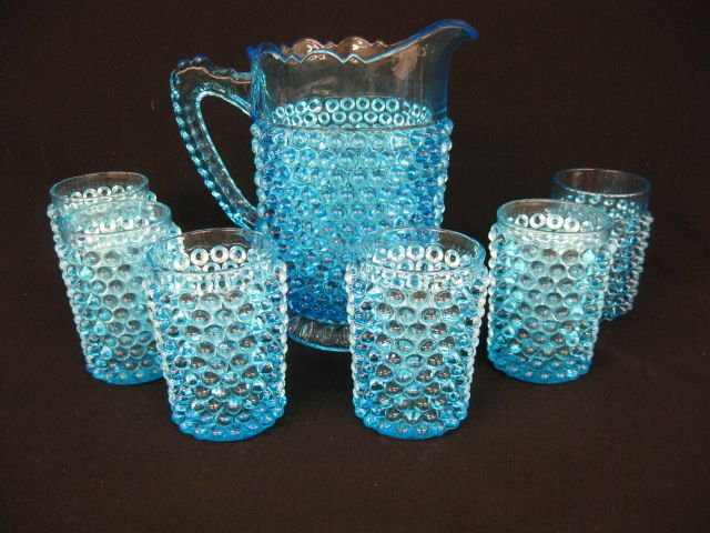 Blue Art Glass Water Set 8 hobnail 14a2a2
