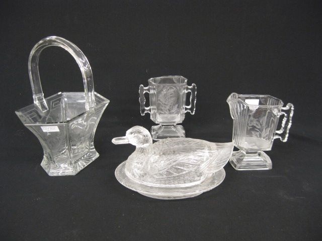 4 pcs. Glassware;Heisey basket duck